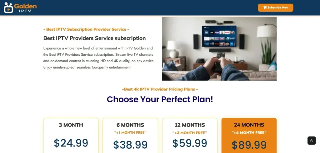 The Golden IPTV landing page is designed to attract users looking for affordable and high-quality IPTV services. The clean layout, well-organized pricing section, and engaging visuals make the site easy to navigate. The subscription plans with free bonus months add extra value, encouraging users to subscribe for longer durations