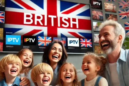 "A joyful family of six, including adults and children, gathered in a cozy living room, laughing and enjoying time together. In the background, a large television screen displays a British iptv flag with the word 'BRITISH' in bold letters, surrounded by streaming content thumbnails, representing British IPTV entertainment.