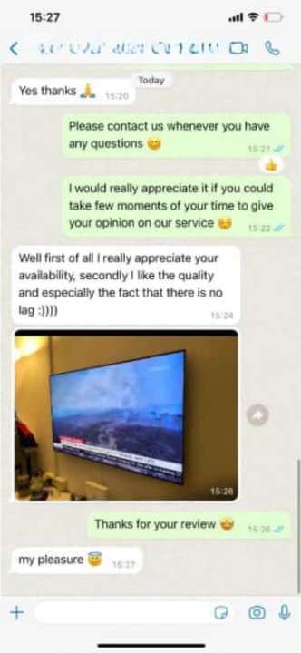 The image shows a WhatsApp conversation about what appears to be an IPTV service. Here's the text from the image: