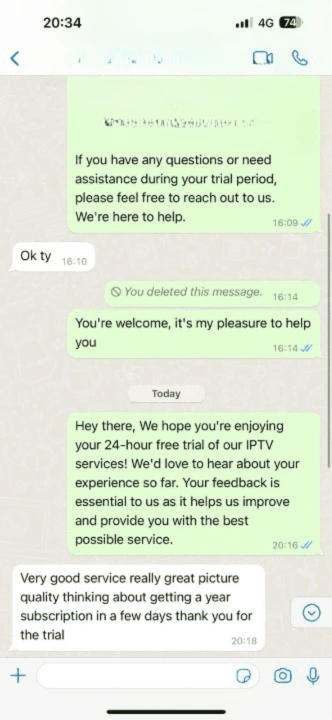 The image shows a WhatsApp conversation about what appears to be an IPTV service. Here's the text from the image:
