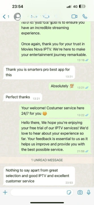 The image shows a WhatsApp conversation about what appears to be an IPTV service. Here's the text from the image:
