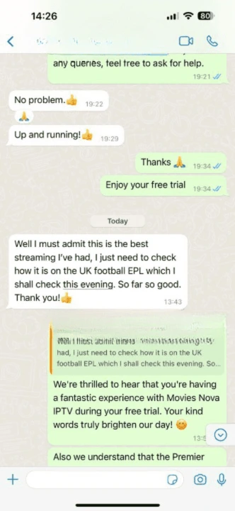 The image shows a WhatsApp conversation about what appears to be an IPTV service. Here's the text from the image: