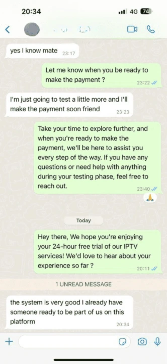 The image shows a WhatsApp conversation about what appears to be an IPTV service. Here's the text from the image: