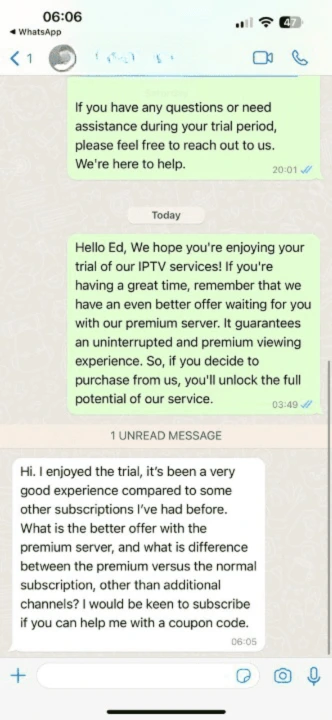 The image shows a WhatsApp conversation about what appears to be an IPTV service. Here's the text from the image: