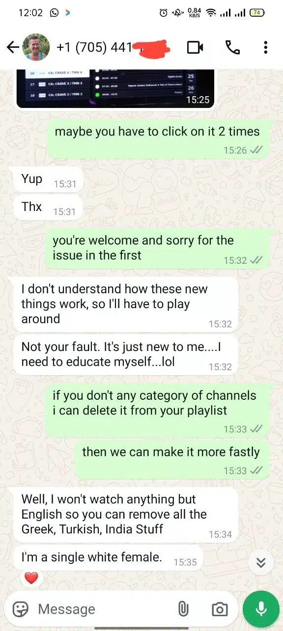 A series of customer reviews and interactions regarding IPTV service, showing messages between customers and customer support via WhatsApp. The messages include discussions about troubleshooting, service activation, and inquiries regarding channel options and subscription details.