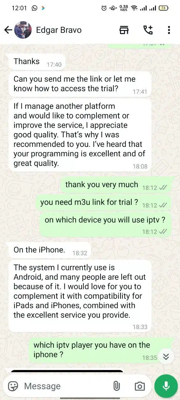 A series of customer reviews and interactions regarding IPTV service, showing messages between customers and customer support via WhatsApp. The messages include discussions about troubleshooting, service activation, and inquiries regarding channel options and subscription details.