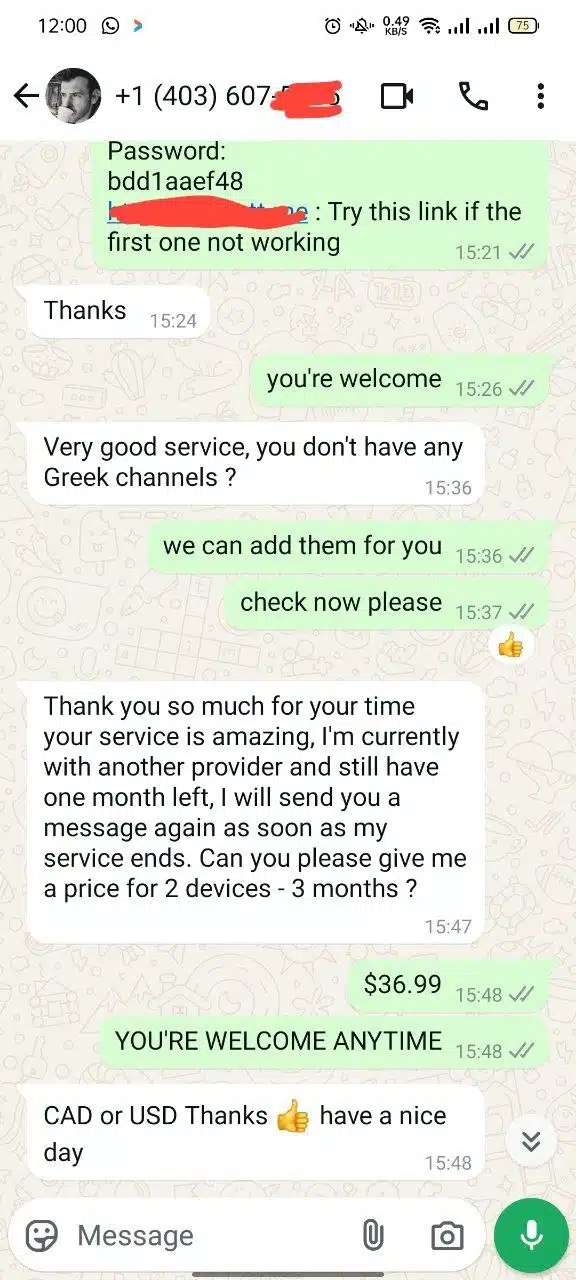 A series of customer reviews and interactions regarding IPTV service, showing messages between customers and customer support via WhatsApp. The messages include discussions about troubleshooting, service activation, and inquiries regarding channel options and subscription details.