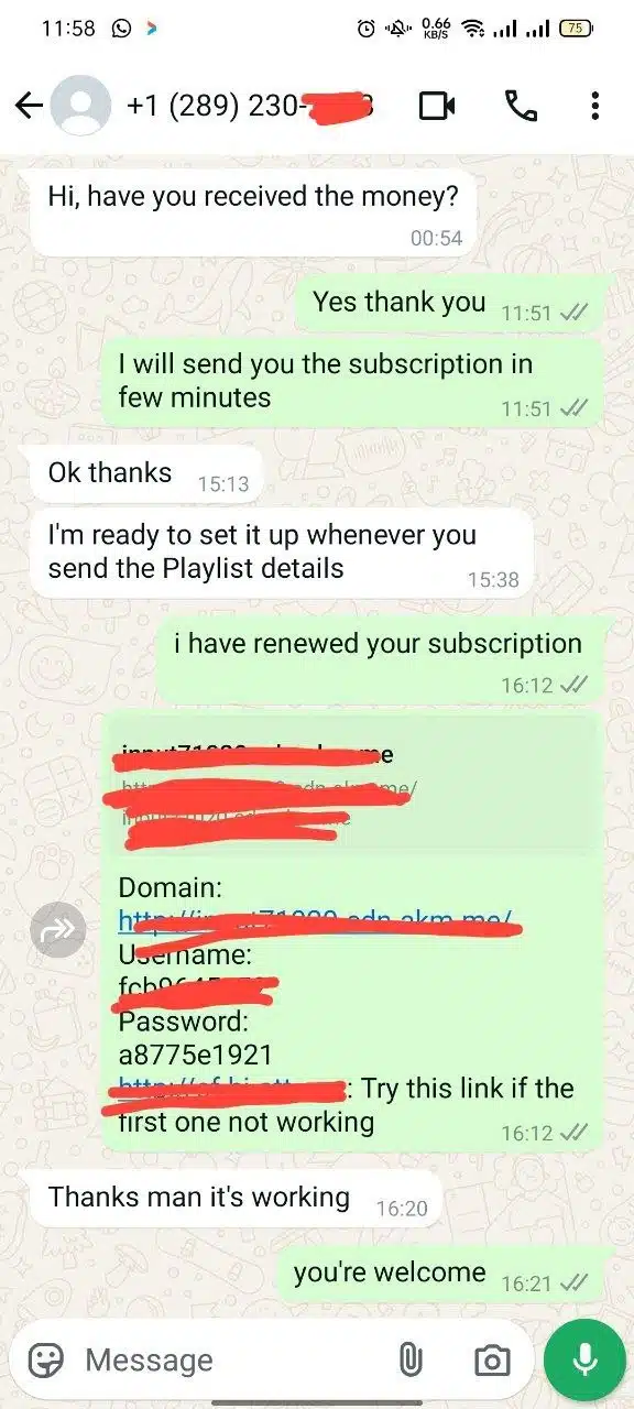 A series of customer reviews and interactions regarding IPTV service, showing messages between customers and customer support via WhatsApp. The messages include discussions about troubleshooting, service activation, and inquiries regarding channel options and subscription details.