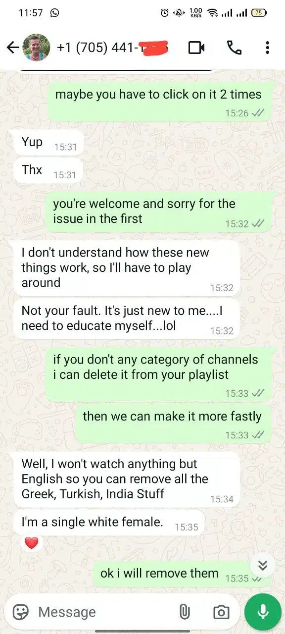 A series of customer reviews and interactions regarding IPTV service, showing messages between customers and customer support via WhatsApp. The messages include discussions about troubleshooting, service activation, and inquiries regarding channel options and subscription details.