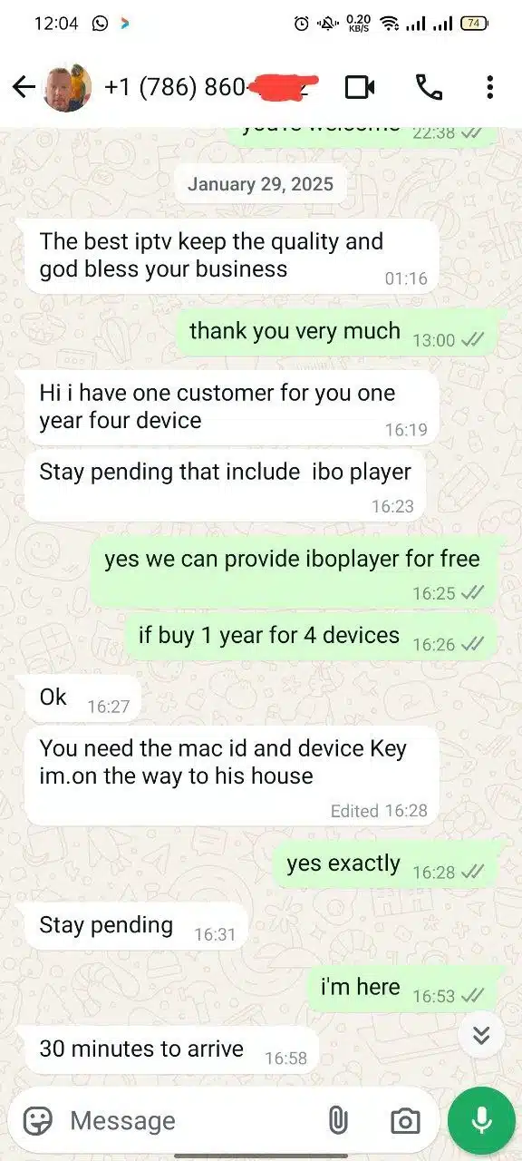 A series of customer reviews and interactions regarding IPTV service, showing messages between customers and customer support via WhatsApp. The messages include discussions about troubleshooting, service activation, and inquiries regarding channel options and subscription details.