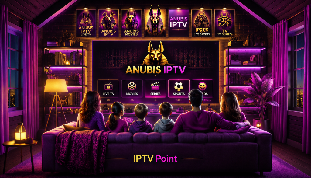Family enjoying Anubis IPTV on a large smart TV with live channels, movies, sports and entertainment in a cozy home by IPTV Point.