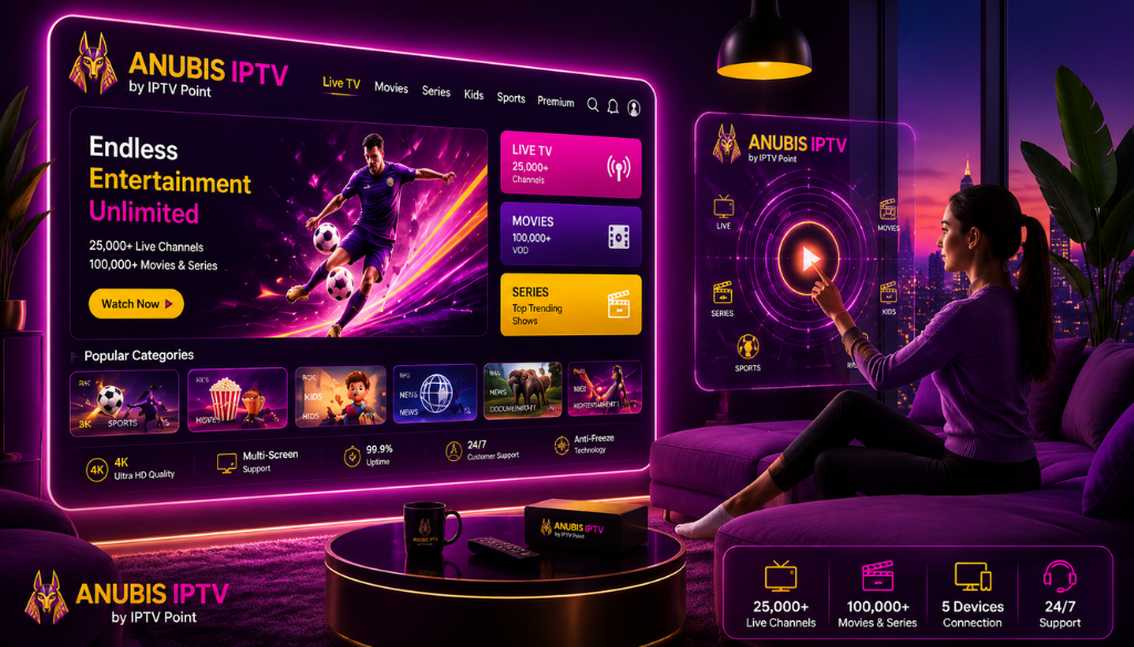 Woman using Anubis IPTV smart streaming interface with live TV, movies, sports and VOD on a futuristic display by IPTV Point.