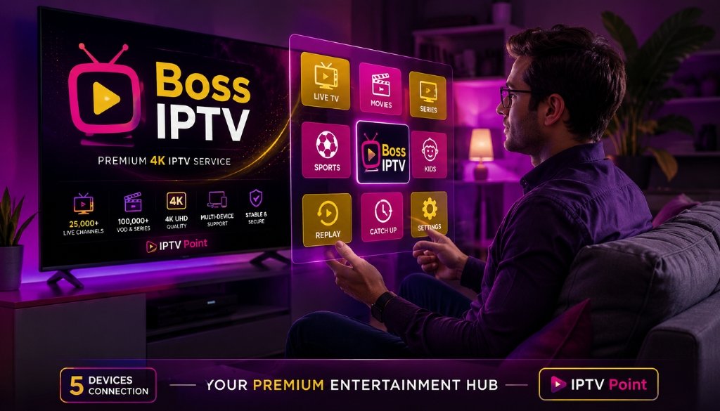 User enjoying Boss IPTV on a Smart TV with interactive streaming interface, live TV, movies, sports, and premium IPTV Point entertainment.