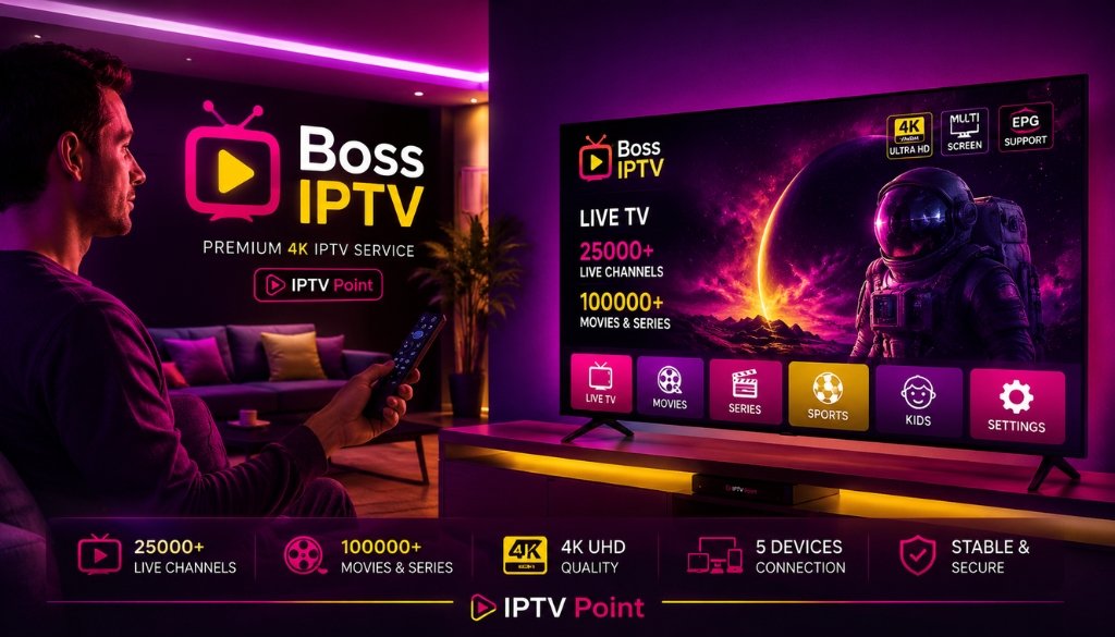 Modern living room with Boss IPTV streaming on Smart TV, premium 4K IPTV service, 25,000+ live channels, and IPTV Point branding.