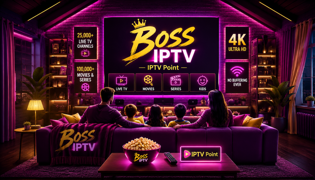Family enjoying Boss IPTV on a large 4K smart TV with live channels, movies, series, kids entertainment, and premium IPTV streaming by IPTV Point.