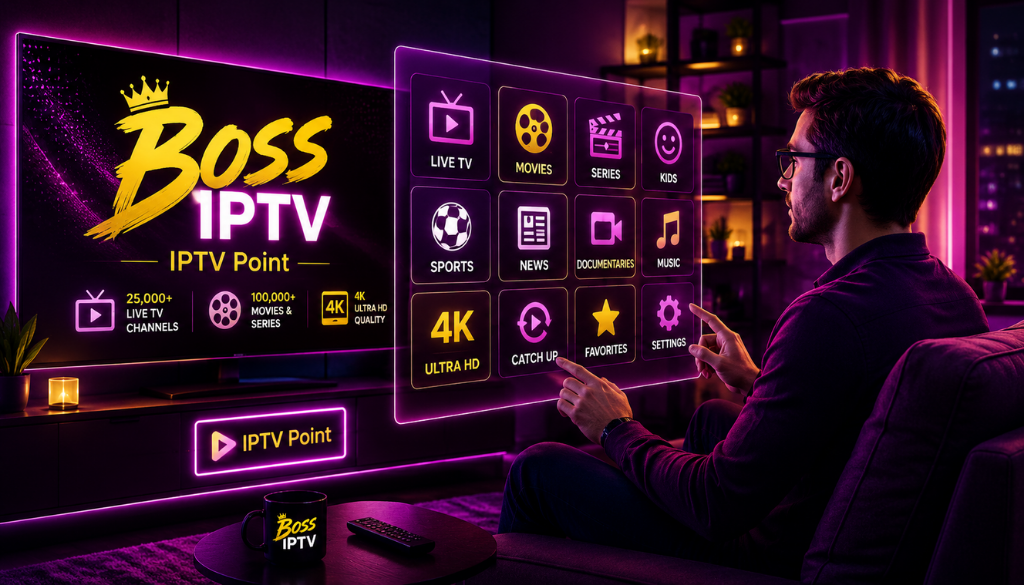 User interacting with the Boss IPTV smart TV interface featuring live TV, movies, series, sports, 4K streaming, and IPTV Point services.