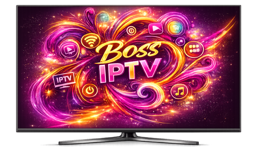 Boss IPTV digital entertainment display with vibrant purple and gold effects, showcasing premium IPTV streaming and smart TV experience.