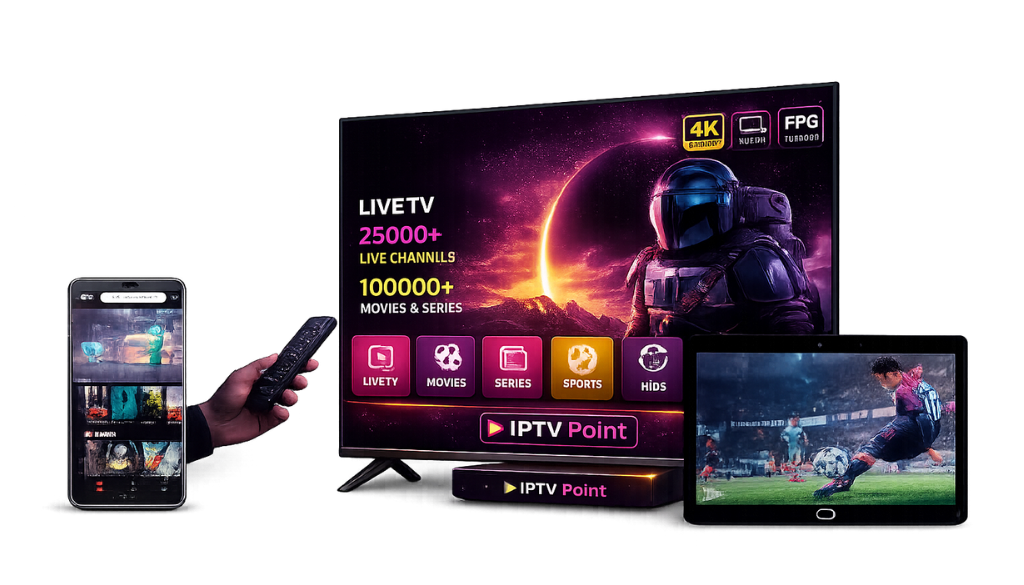 Boss IPTV multi-device streaming on Smart TV, smartphone, and tablet with 4K Ultra HD, live TV, movies, series, and IPTV Point.