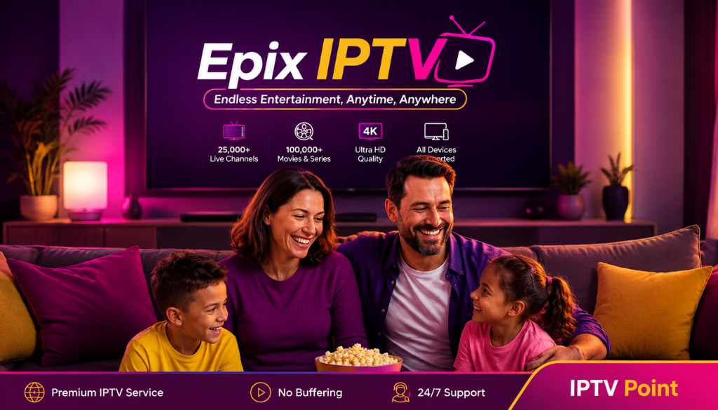 Happy family streaming live TV, sports, movies, and series with Epix IPTV on IPTV Point in Ultra HD quality.