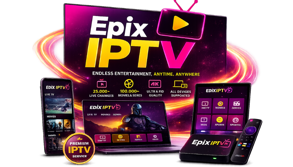 Epix IPTV on Smart TV, smartphone, tablet, TV box, and remote with 4K streaming, live channels, and IPTV Point branding.