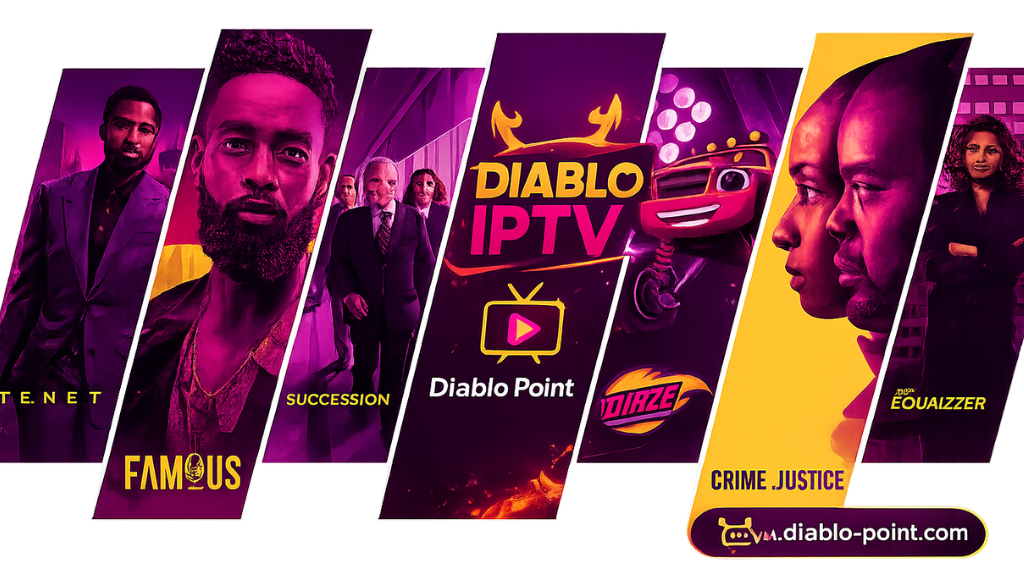 Diablo IPTV entertainment banner showcasing popular movies and TV series in a vibrant purple and gold cinematic design with IPTV Point branding.