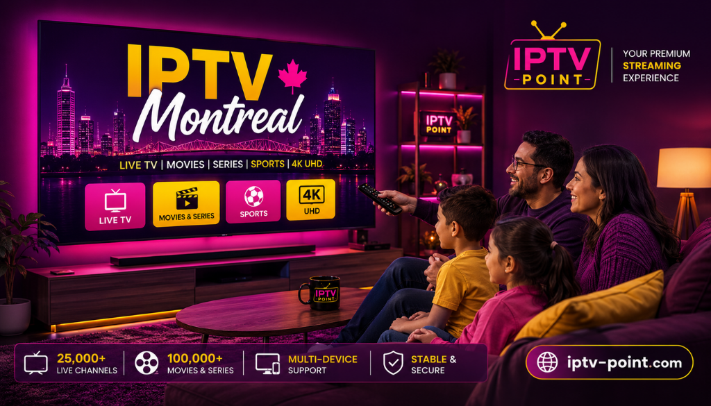 Family enjoying IPTV Montreal on a large 4K Smart TV in a modern living room with live TV, movies, sports, and IPTV Point streaming service.