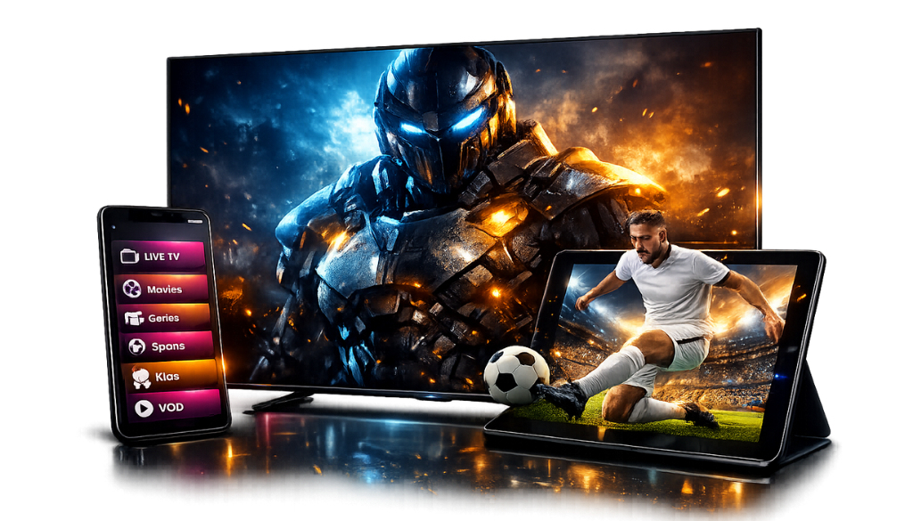Realistic 3D IPTV streaming setup with Smart TV, smartphone, tablet, futuristic warrior, live football, and premium IPTV entertainment on transparent background.