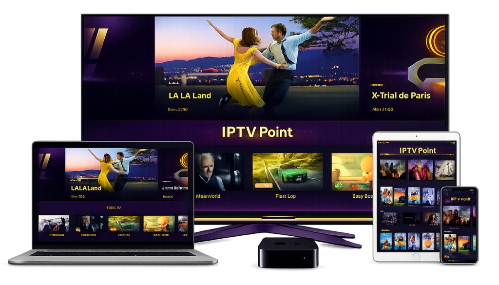 IPTV Point streaming service displayed across Smart TV, laptop, tablet, smartphone, and TV box with a modern purple and gold interface, showcasing premium live TV, movies, and multi-device IPTV compatibility.