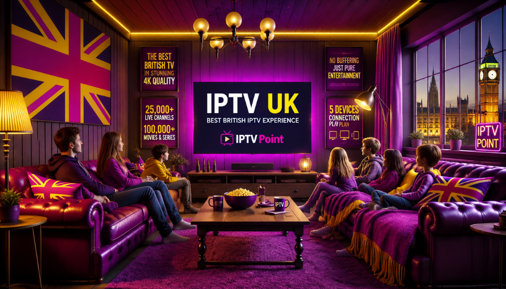 Family enjoying IPTV UK streaming in a luxury living room with British décor, purple and gold lighting, Big Ben view, and IPTV Point premium entertainment service.