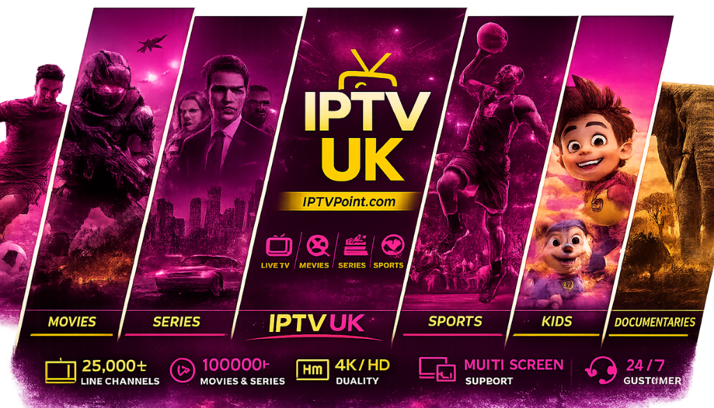 Best IPTV UK service banner featuring movies, TV series, sports, kids, documentaries, 25,000+ live channels, 100,000+ movies, 4K HD streaming, and IPTV Point branding.