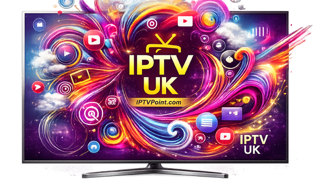 Premium IPTV UK streaming service displayed on a smart TV with colorful neon graphics, entertainment icons, and IPTV Point branding in vibrant purple, gold, and magenta colors.