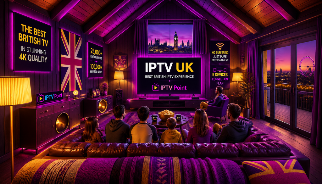 Modern IPTV UK home cinema with family watching live TV, UK-themed interior, London skyline view, 4K streaming, no buffering, and IPTV Point branding.