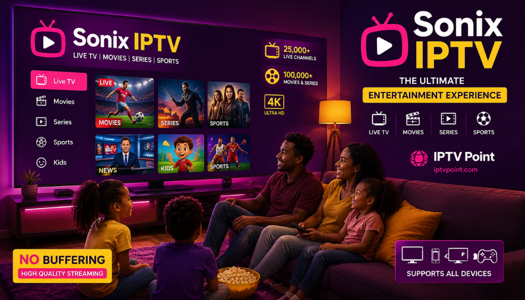 Happy family enjoying Sonix IPTV on Smart TV with live TV, movies, sports, kids content, 4K Ultra HD streaming and no buffering.