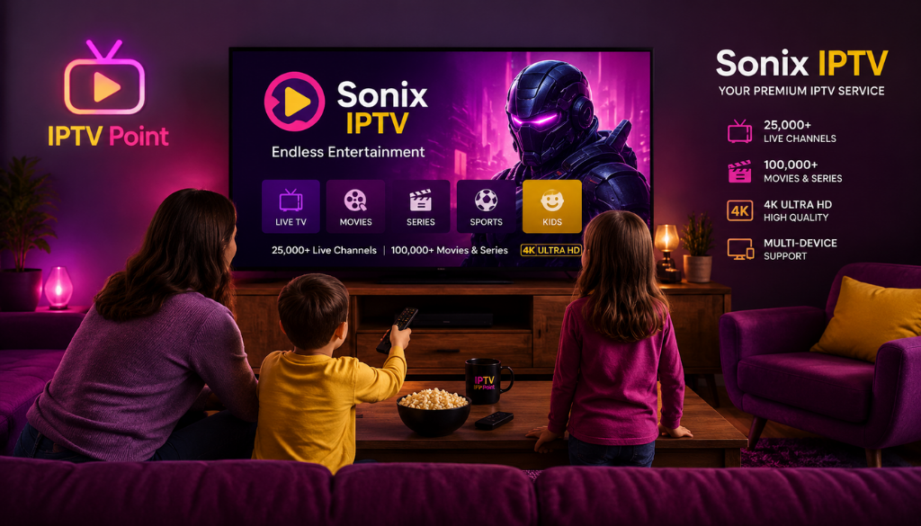 Family watching Sonix IPTV on Smart TV with live TV channels, movies, series, sports and 4K Ultra HD streaming at home.