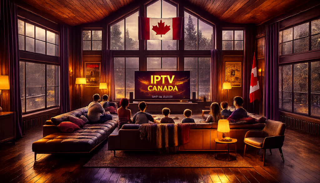 Modern living room with IPTV Shark Canada on big screen, family enjoying live sports, movies, and Canadian IPTV entertainment