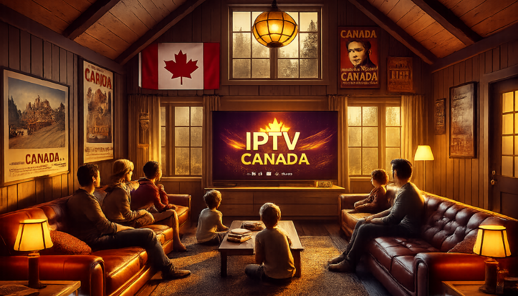Family watching IPTV Shark Canada on smart TV in a cozy cabin with Canadian flag and premium live TV streaming