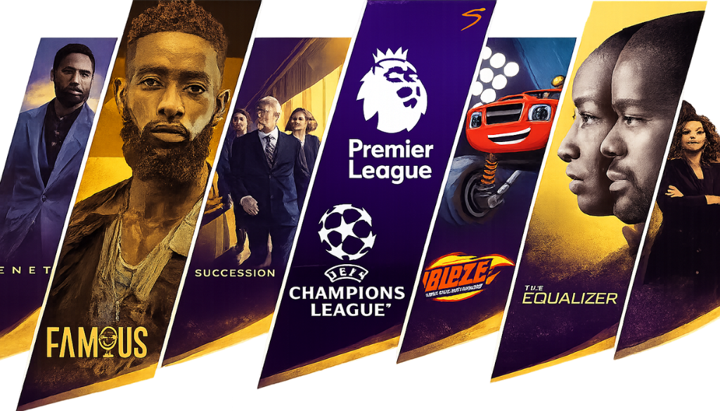 IPTV Shark entertainment panels featuring live TV, movies, sports, and streaming services in purple and gold theme