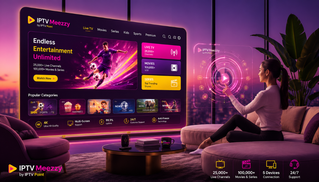 Modern living room with IPTV Meezzy interactive smart TV interface featuring live channels, movies, series, and IPTV Point branding.