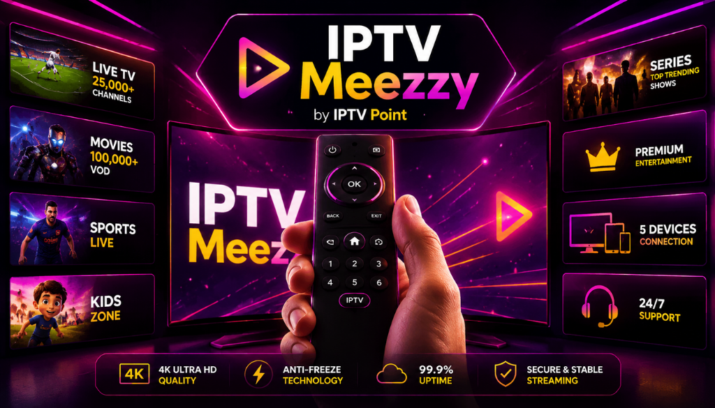 IPTV Meezzy smart TV remote control with live TV, movies, sports, kids, premium entertainment, and 4K IPTV streaming.