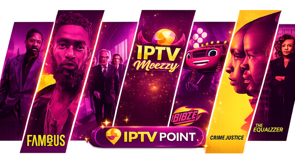 IPTV Meezzy premium entertainment banner featuring movies, TV series, and IPTV Point branding with futuristic purple and gold design.