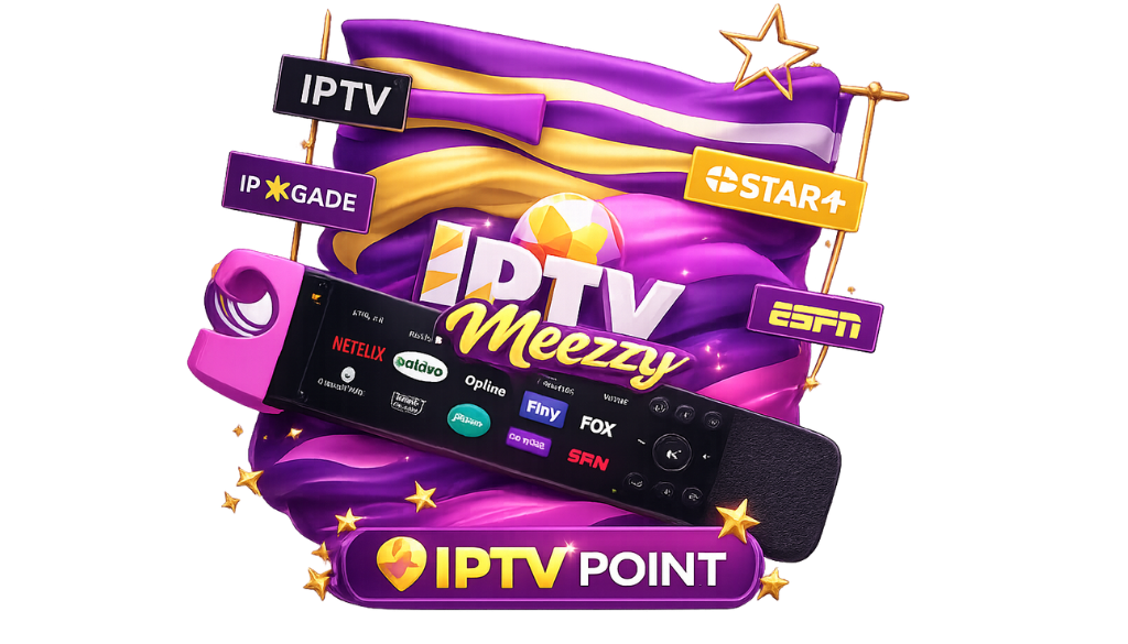 IPTV Meezzy premium IPTV box with streaming remote, 4K entertainment, live TV, movies, sports, and IPTV Point branding in purple and gold.