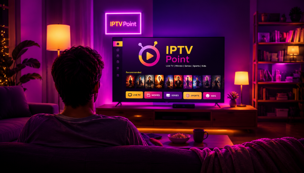 Person watching IPTV Point on a smart TV in a cozy living room with vibrant purple, gold and magenta ambient lighting