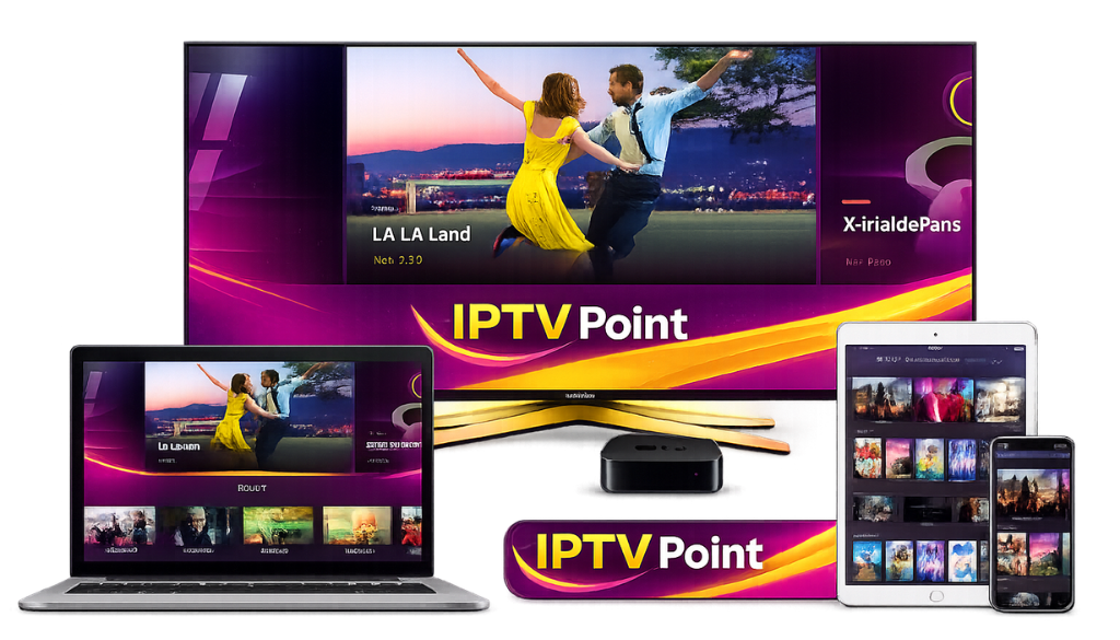 IPTV Point multi-device streaming on Smart TV, laptop, tablet and smartphone with modern entertainment platform
