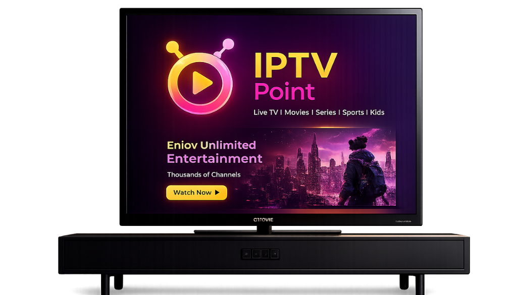 IPTV Point smart TV setup with entertainment dashboard, live TV, movies, series and sports in a cozy home