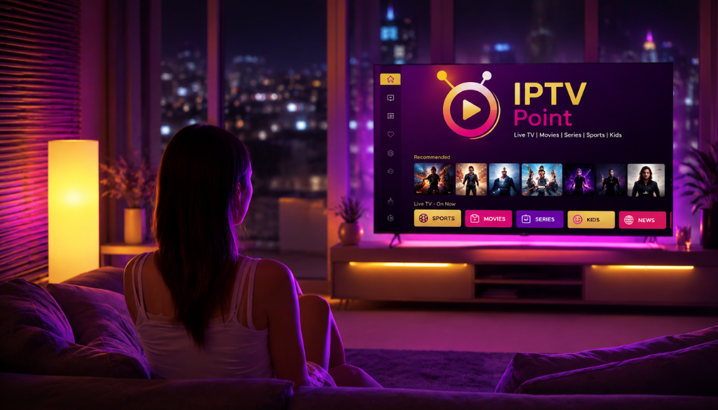 Woman enjoying IPTV Point streaming service on a large Smart TV with colorful entertainment dashboard and city night view