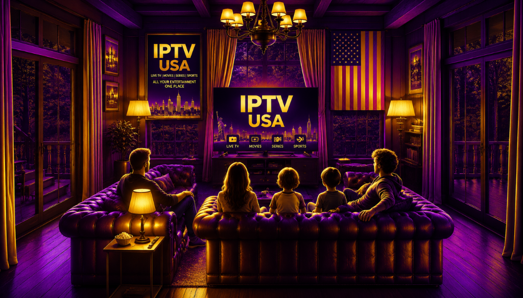 IPTV USA home entertainment setup with family watching live TV, movies, series, and sports in stunning 4K quality.