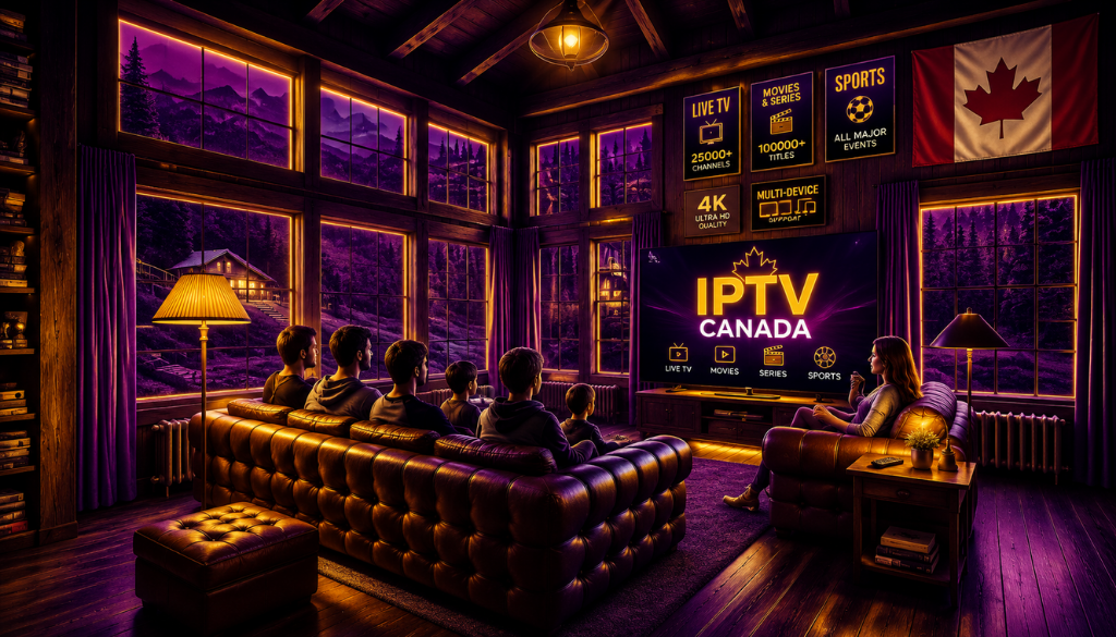 Family enjoying IPTV USA on a large smart TV in a cozy living room with live TV, movies, sports, and 4K streaming.