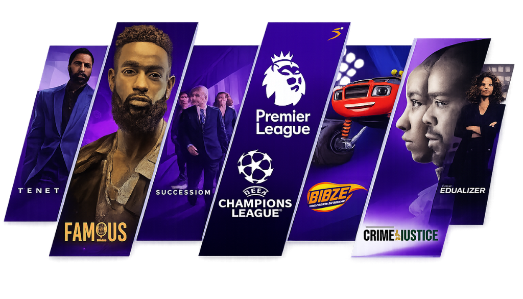 IPTV USA entertainment collage featuring live TV, blockbuster movies, sports, kids' content, Premier League, and UEFA Champions League.