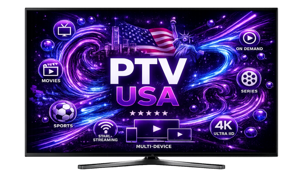 IPTV USA 4K smart TV display featuring live TV, on-demand movies, sports, series, multi-device streaming, and Ultra HD entertainment.