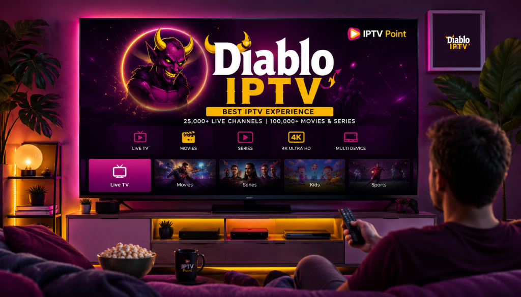 Diablo IPTV smart TV interface displaying live TV, movies, series, kids, and sports in a modern home entertainment setup.